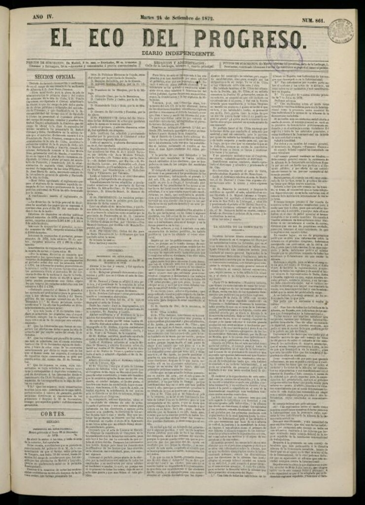 Miniatura de El Eco del Progreso : diario independiente. 24 de septiembre de 1872, nº 861