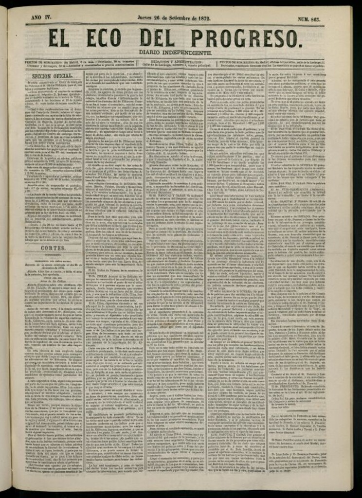 Miniatura de El Eco del Progreso : diario independiente. 26 de septiembre de 1872, nº 863