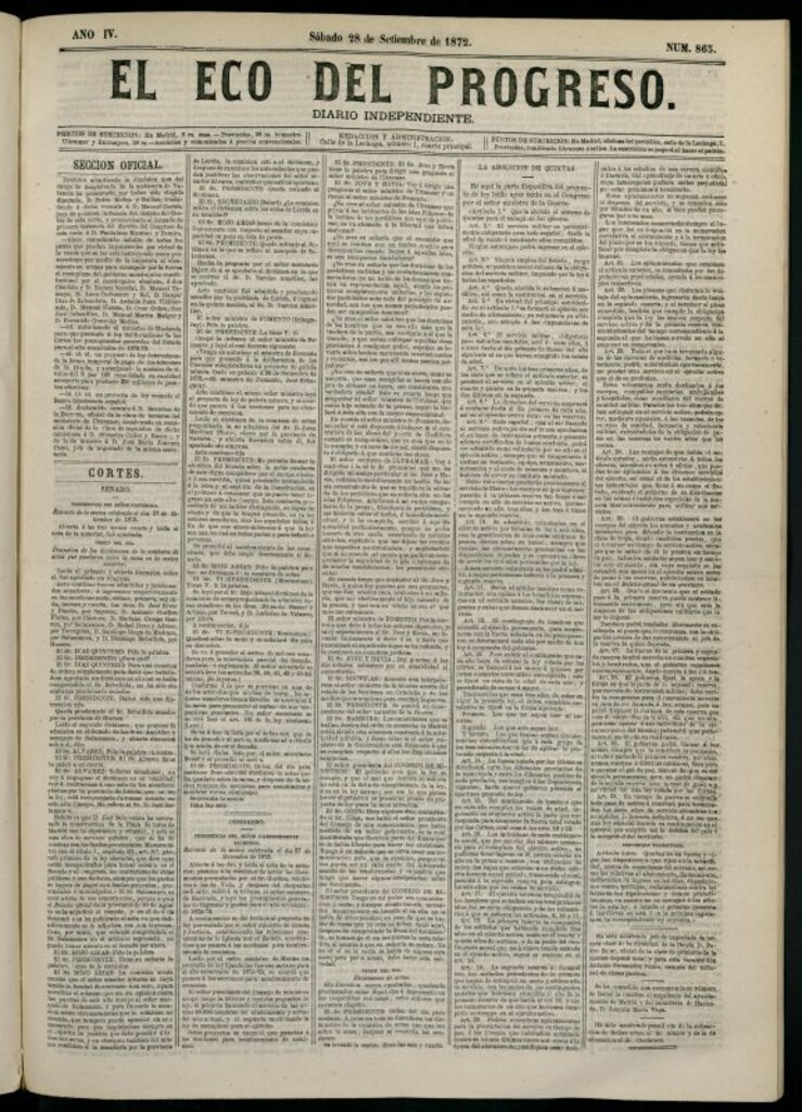 Miniatura de El Eco del Progreso : diario independiente. 28 de septiembre de 1872, nº 865