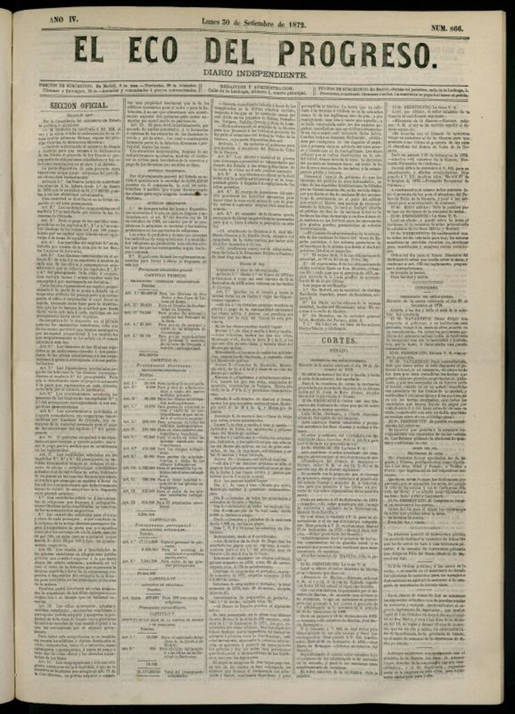 Miniatura de El Eco del Progreso : diario independiente. 30 de septiembre de 1872, nº 866