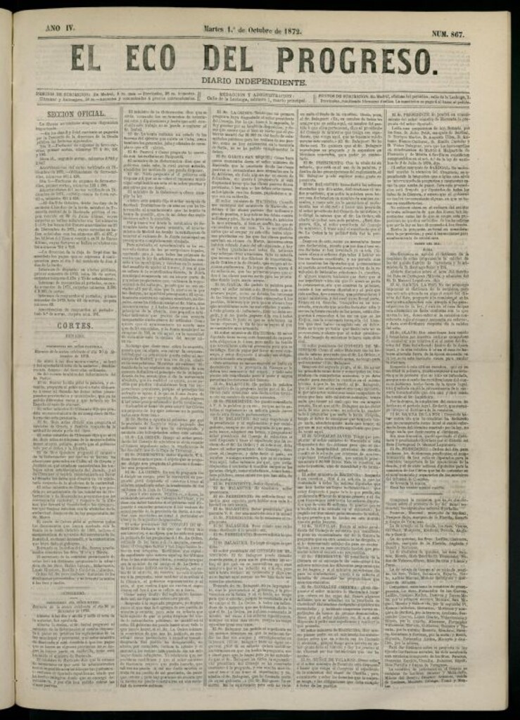 Miniatura de El Eco del Progreso : diario independiente. 1 de octubre de 1872, nº 867