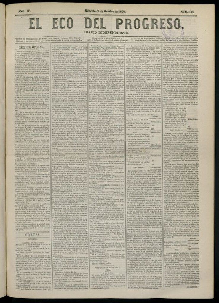 Miniatura de El Eco del Progreso : diario independiente. 2 de octubre de 1872, nº 868
