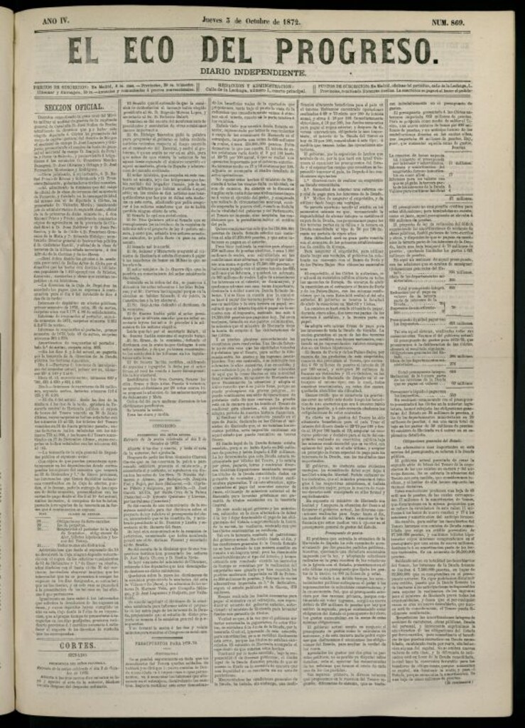 Miniatura de El Eco del Progreso : diario independiente. 3 de octubre de 1872, nº 869
