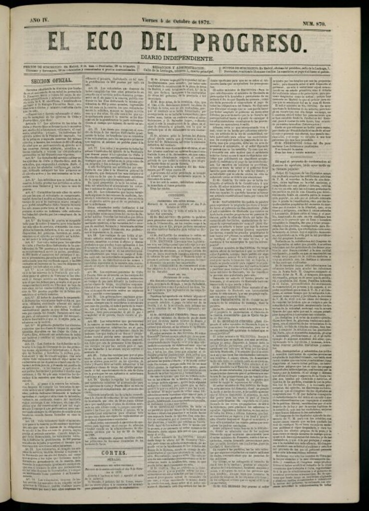 Miniatura de El Eco del Progreso : diario independiente. 4 de octubre de 1872, nº 870