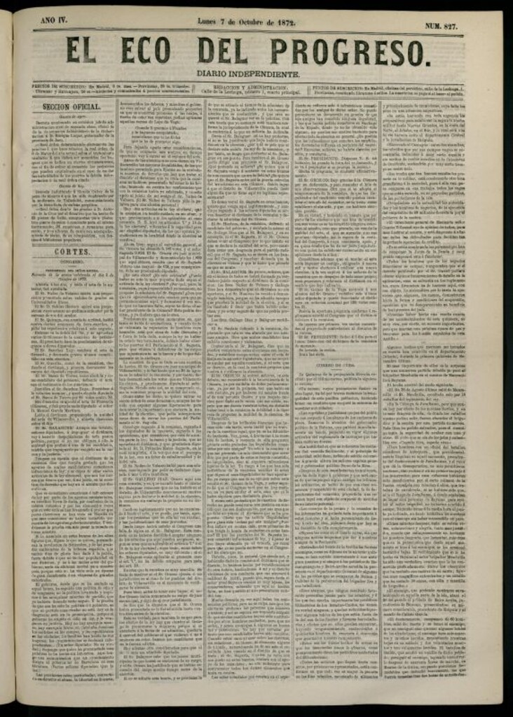 Miniatura de El Eco del Progreso : diario independiente. 7 de octubre de 1872, nº 872