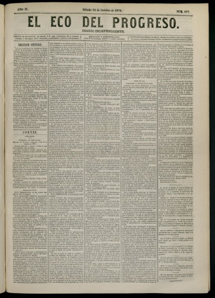 Miniatura de El Eco del Progreso : diario independiente. 12 de octubre de 1872, nº 877
