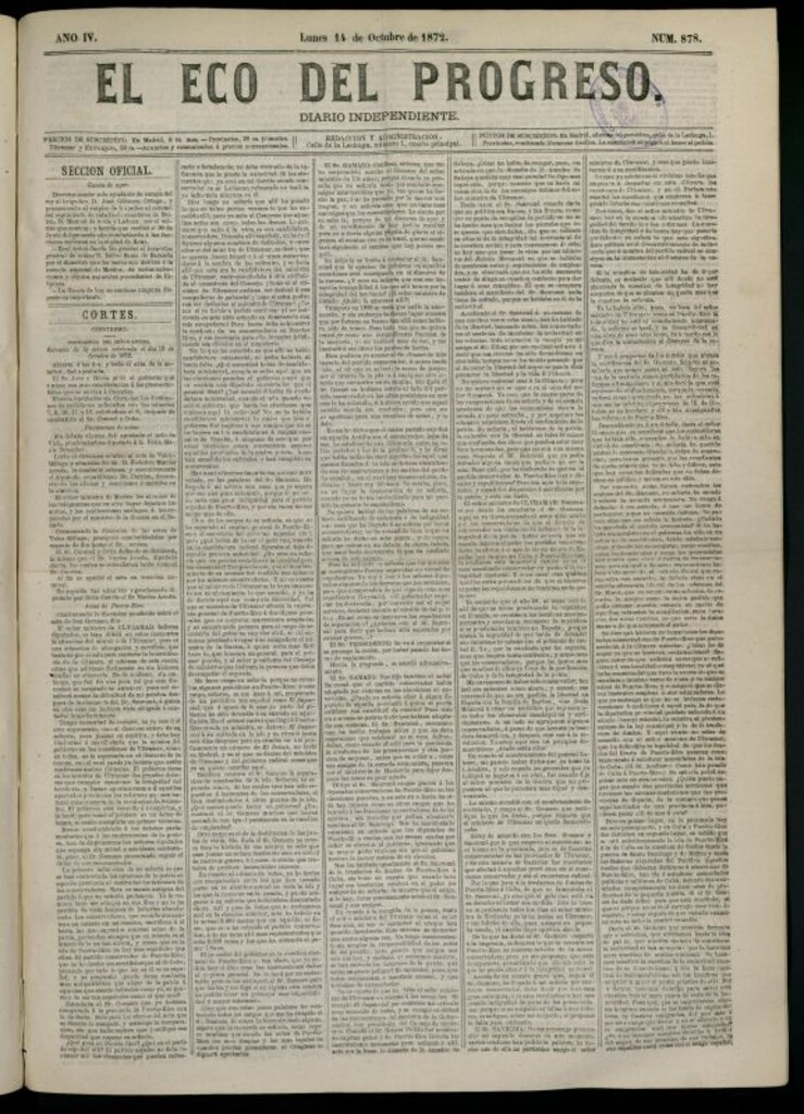 Miniatura de El Eco del Progreso : diario independiente. 14 de octubre de 1872, nº 878