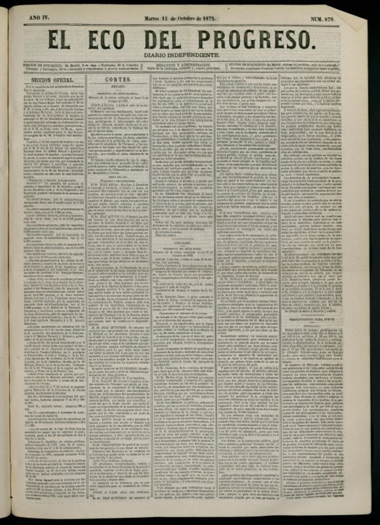 Miniatura de El Eco del Progreso : diario independiente. 15 de octubre de 1872, nº 879