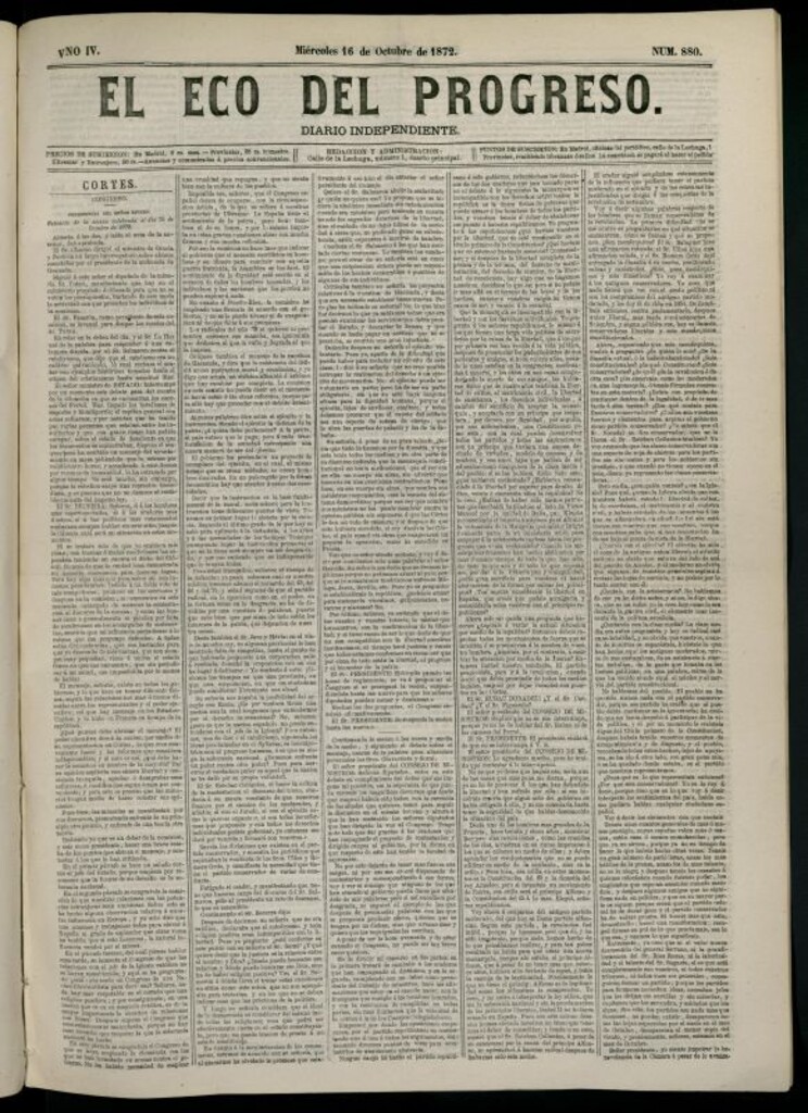 Miniatura de El Eco del Progreso : diario independiente. 16 de octubre de 1872, nº 880