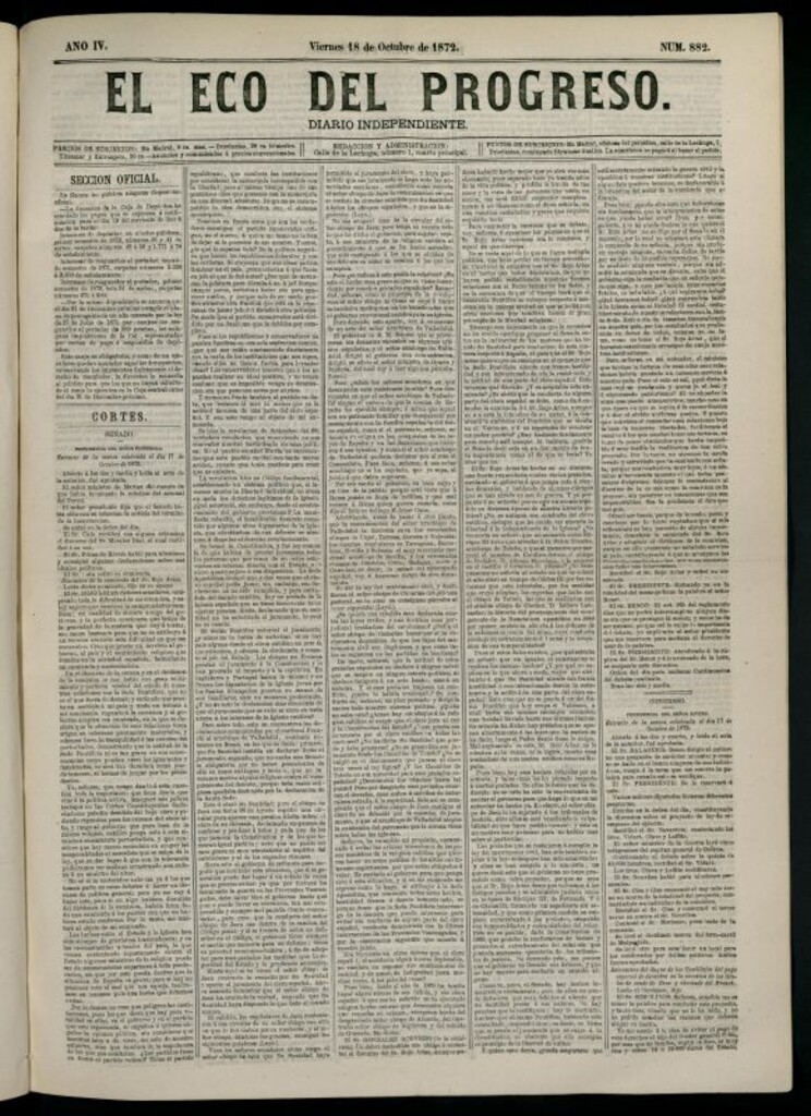 Miniatura de El Eco del Progreso : diario independiente. 18 de octubre de 1872, nº 882