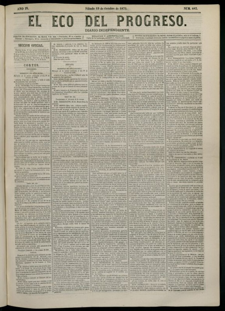 Miniatura de El Eco del Progreso : diario independiente. 19 de octubre de 1872, nº 883