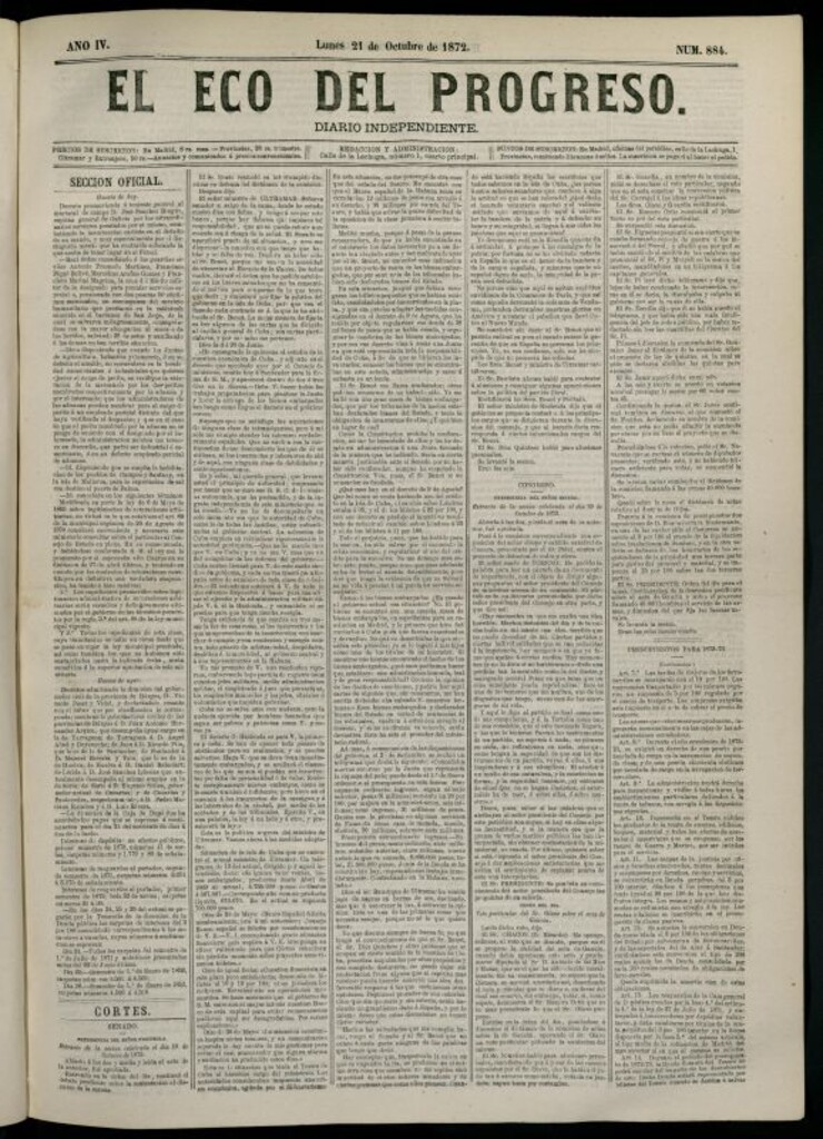 Miniatura de El Eco del Progreso : diario independiente. 21 de octubre de 1872, nº 884