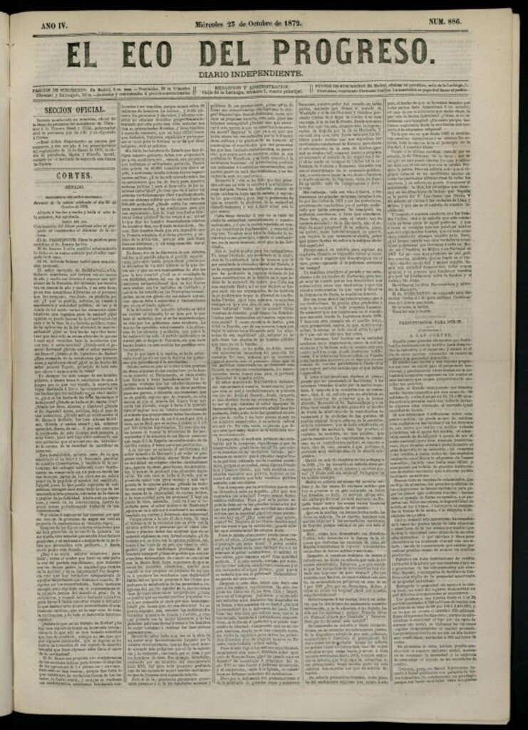 Miniatura de El Eco del Progreso : diario independiente. 23 de octubre de 1872, nº 886