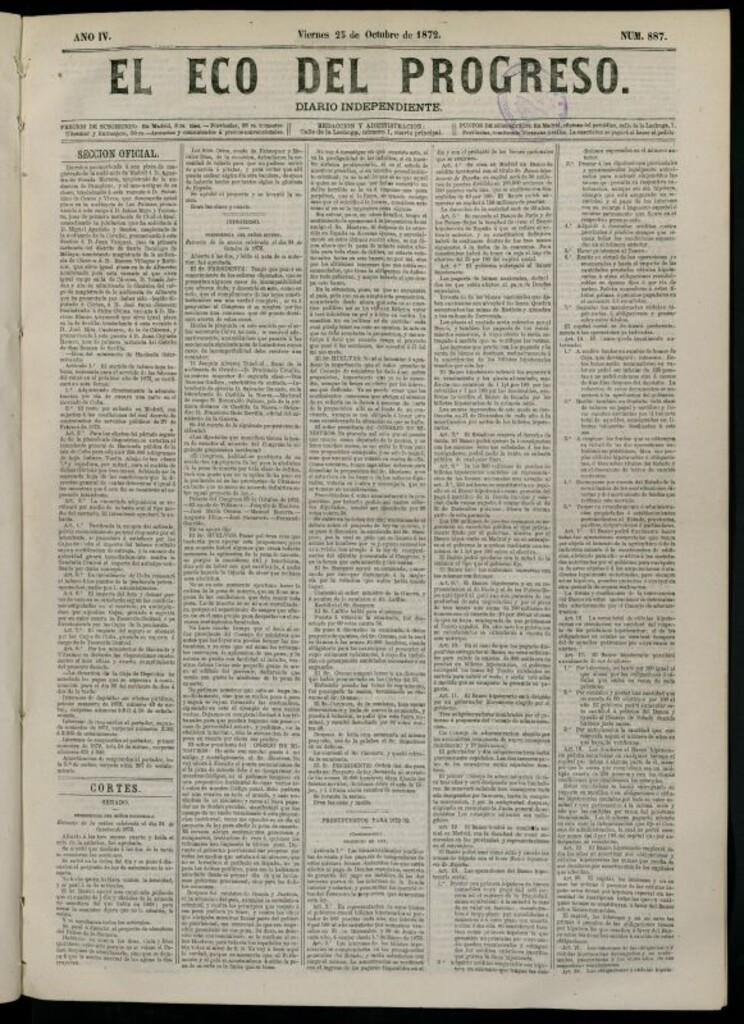 Miniatura de El Eco del Progreso : diario independiente. 25 de octubre de 1872, nº 887