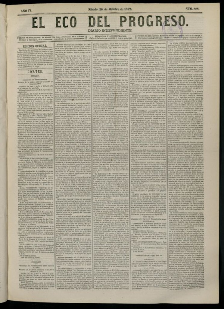 Miniatura de El Eco del Progreso : diario independiente. 26 de octubre de 1872, nº 888