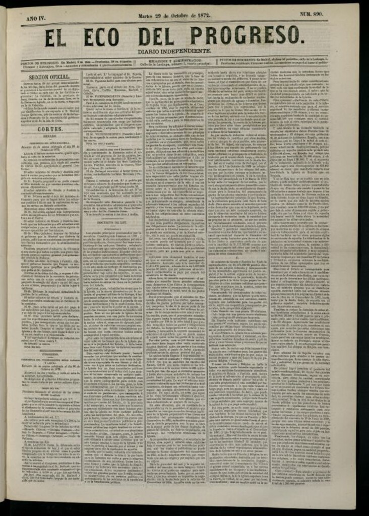 Miniatura de El Eco del Progreso : diario independiente. 29 de octubre de 1872, nº 890