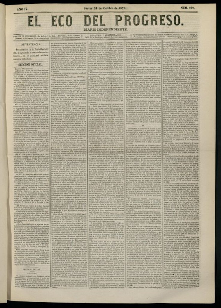 Miniatura de El Eco del Progreso : diario independiente. 31 de octubre de 1872, nº 892