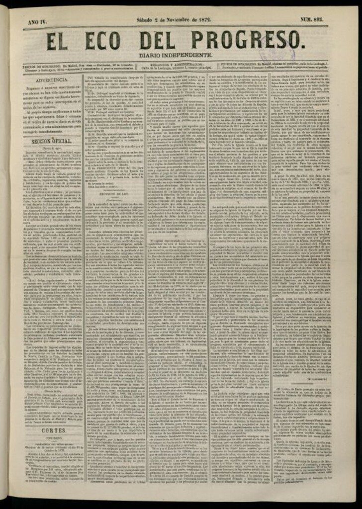 Miniatura de El Eco del Progreso : diario independiente. 2 de noviembre de 1872, nº 893