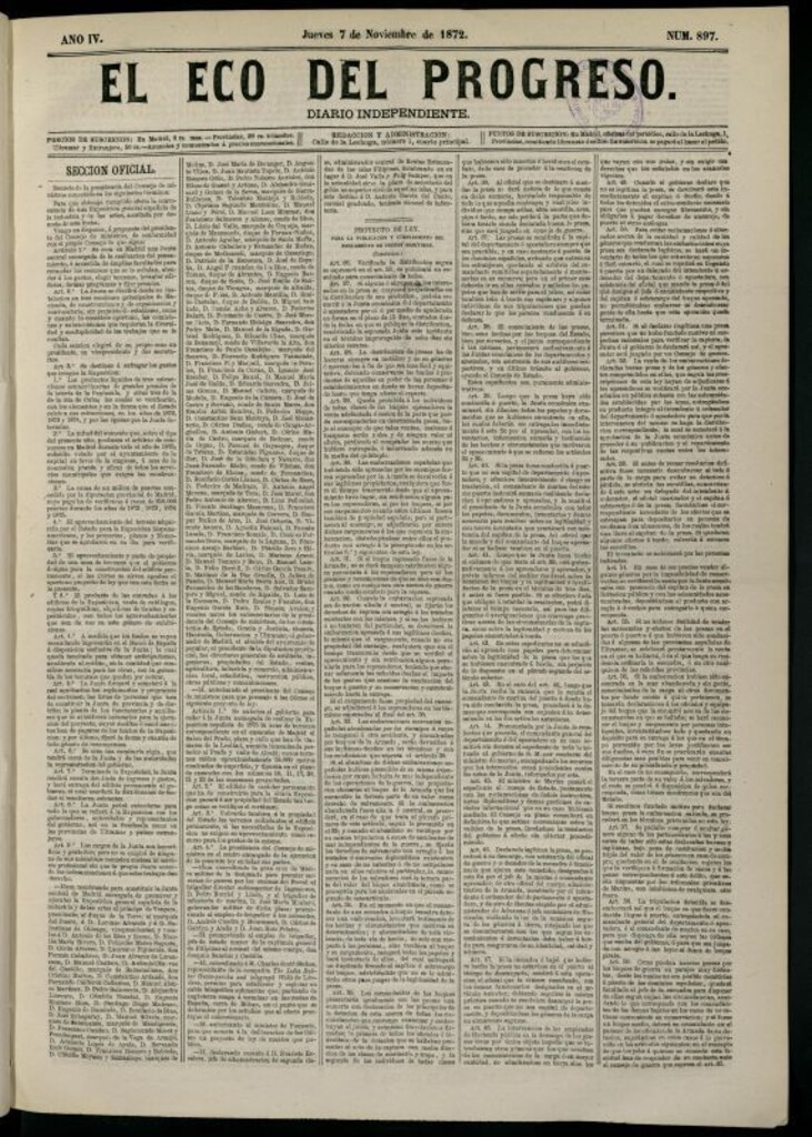Miniatura de El Eco del Progreso : diario independiente. 7 de noviembre de 1872, nº 897