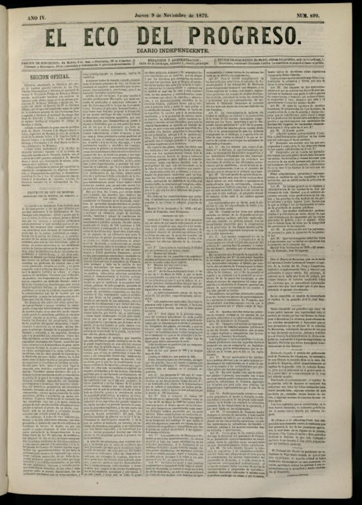Miniatura de El Eco del Progreso : diario independiente. 9 de noviembre de 1872, nº 899