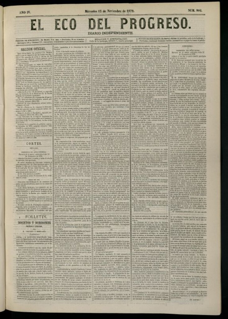 Miniatura de El Eco del Progreso : diario independiente. 13 de noviembre de 1872, nº 902