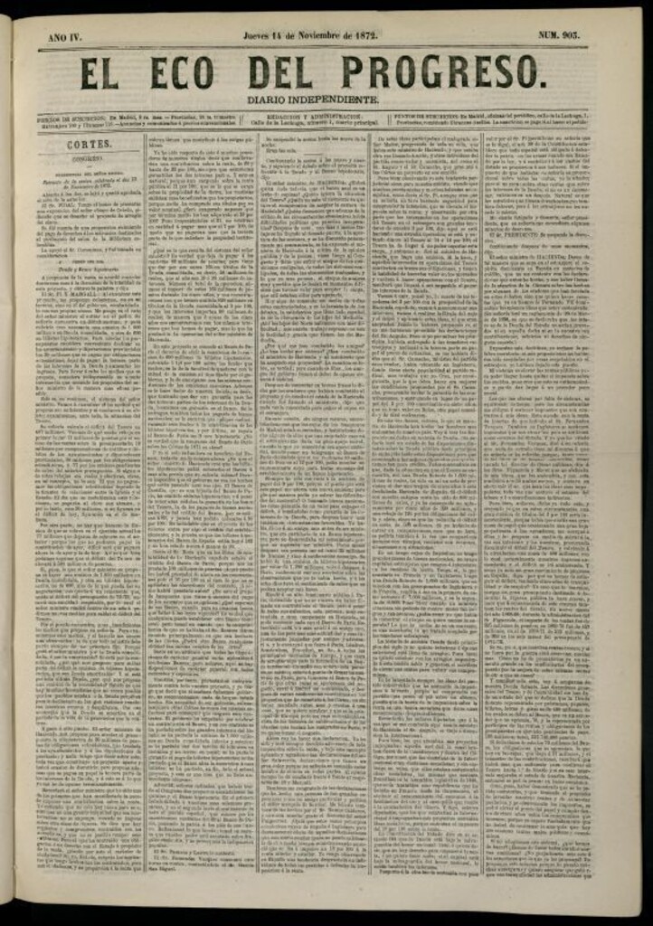 Miniatura de El Eco del Progreso : diario independiente. 14 de noviembre de 1872, nº 903