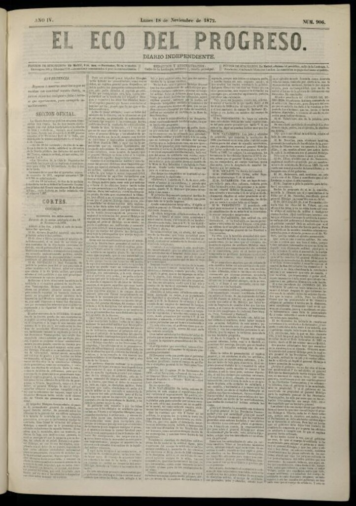 Miniatura de El Eco del Progreso : diario independiente. 18 de noviembre de 1872, nº 906
