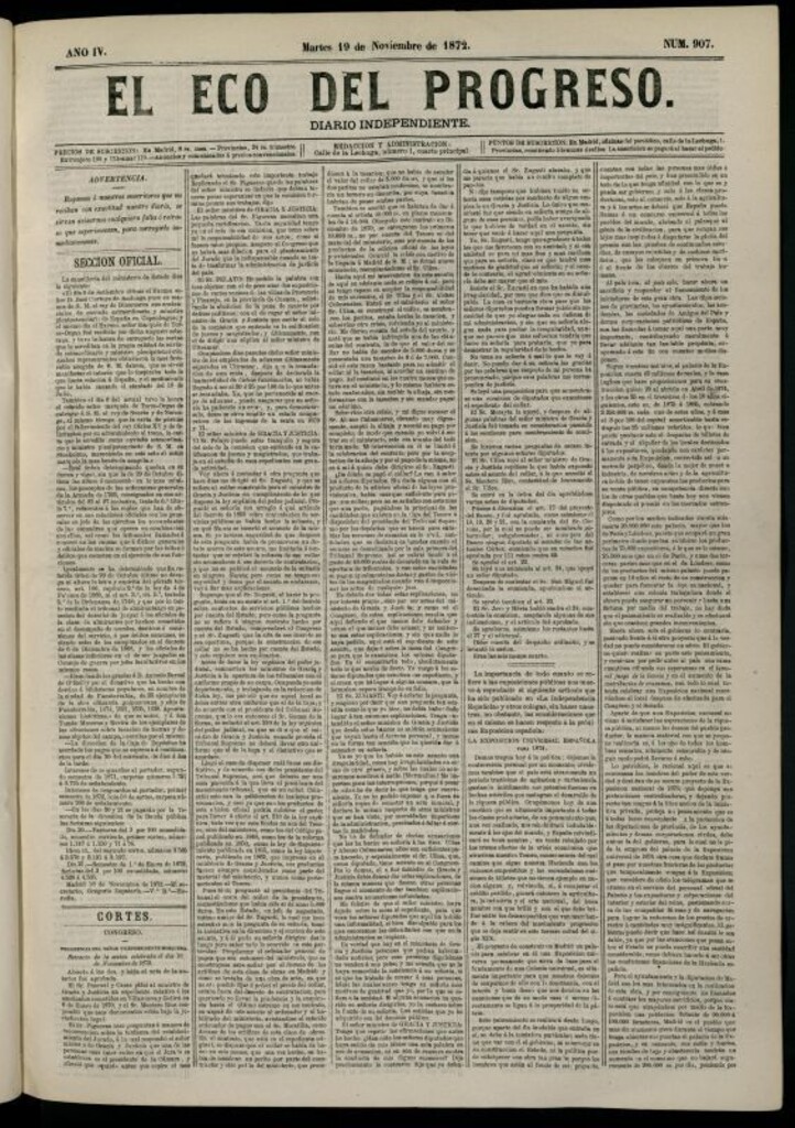 Miniatura de El Eco del Progreso : diario independiente. 19 de noviembre de 1872, nº 907