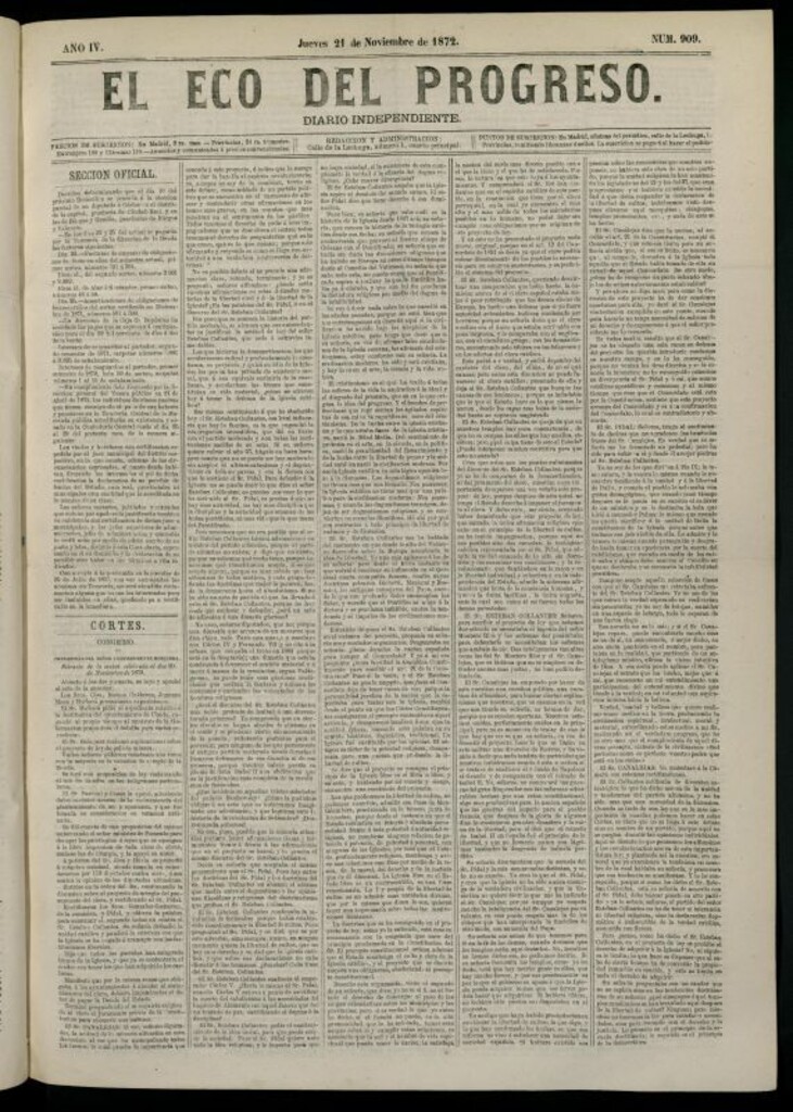 Miniatura de El Eco del Progreso : diario independiente. 21 de noviembre de 1872, nº 909