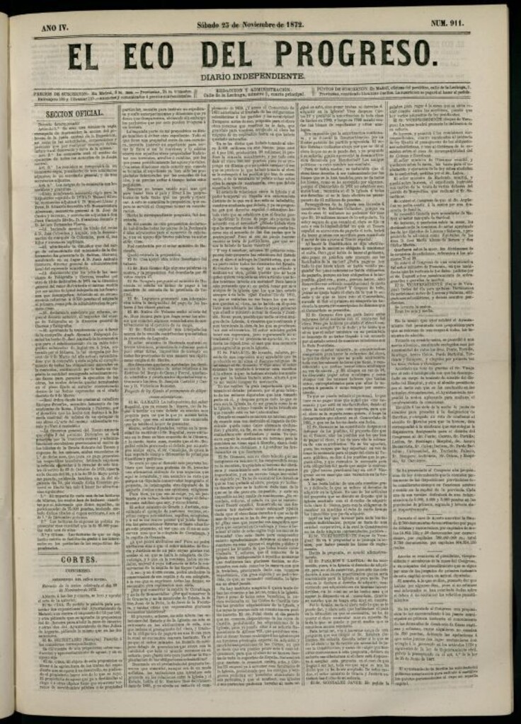 Miniatura de El Eco del Progreso : diario independiente. 23 de noviembre de 1872, nº 911
