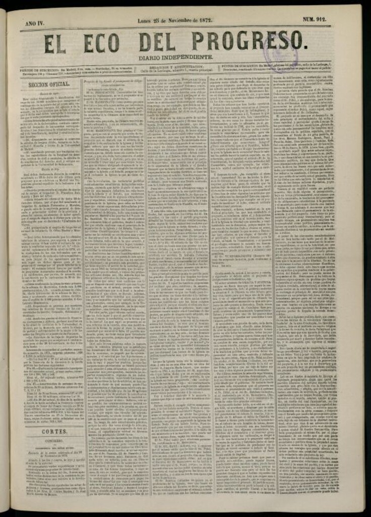 Miniatura de El Eco del Progreso : diario independiente. 25 de noviembre de 1872, nº 912