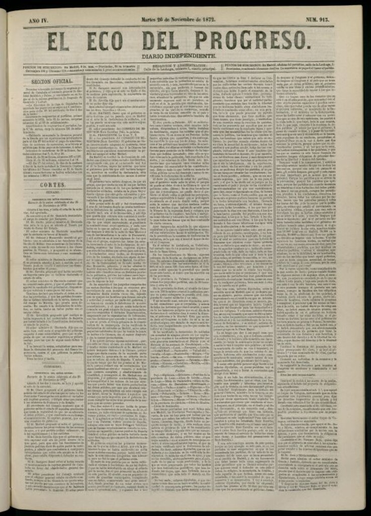Miniatura de El Eco del Progreso : diario independiente. 26 de noviembre de 1872, nº 913