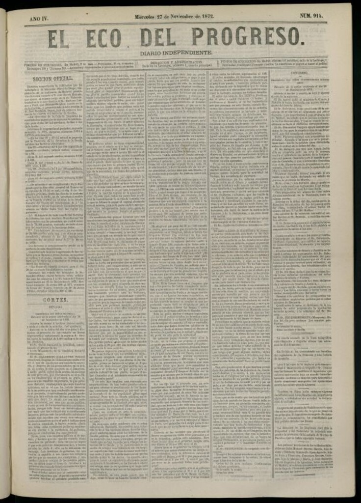 Miniatura de El Eco del Progreso : diario independiente. 27 de noviembre de 1872, nº 914