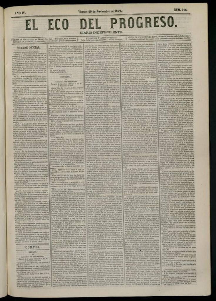 Miniatura de El Eco del Progreso : diario independiente. 29 de noviembre de 1872, nº 916