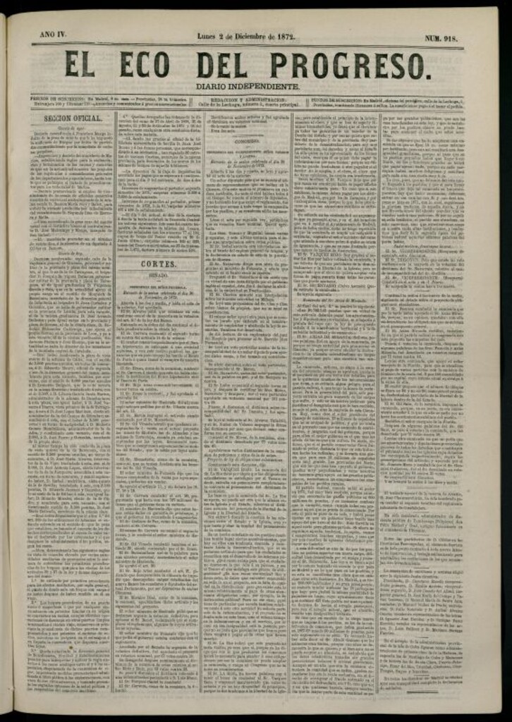 Miniatura de El Eco del Progreso : diario independiente. 2 de diciembre de 1872, nº 918