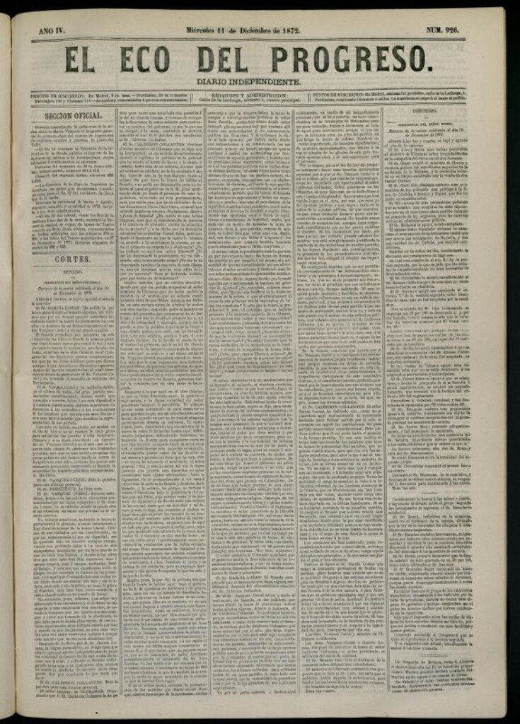 Miniatura de El Eco del Progreso : diario independiente. 11 de diciembre de 1872, nº 926