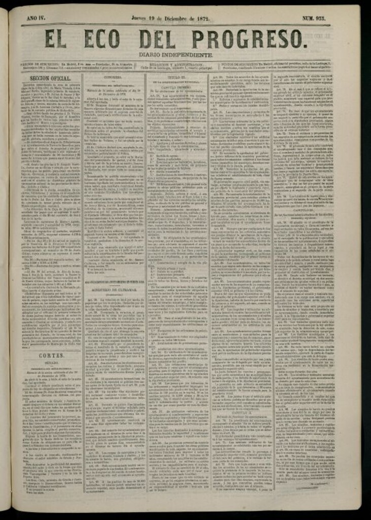 Miniatura de El Eco del Progreso : diario independiente. 19 de diciembre de 1872, nº 933
