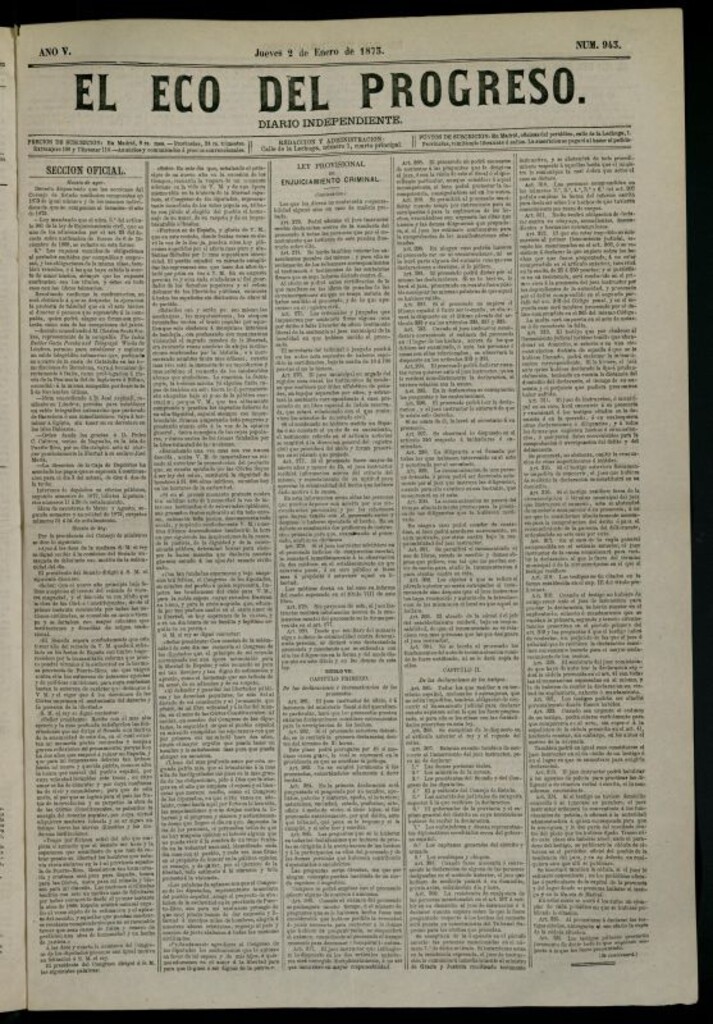 Miniatura de El Eco del Progreso : diario independiente. 2 de enero de 1873, nº 943