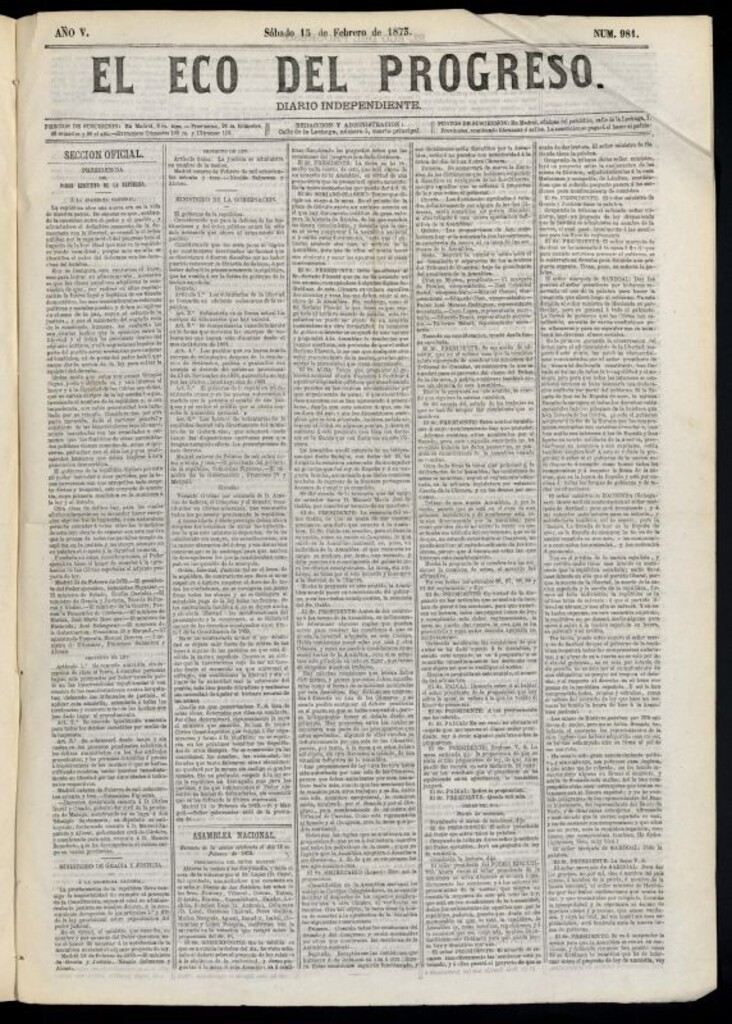 Miniatura de El Eco del Progreso : diario independiente. 15 de febrero de 1873, nº 981