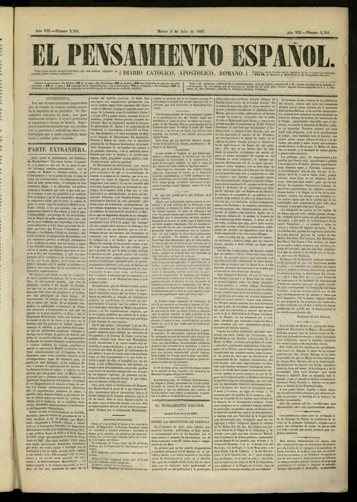 Miniatura de El Pensamiento Español del 2 de julio de 1867, nº 2301