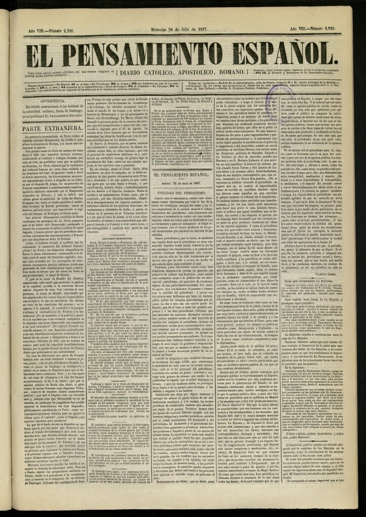 Miniatura de El Pensamiento Español del 24 de julio de 1867, nº 2320