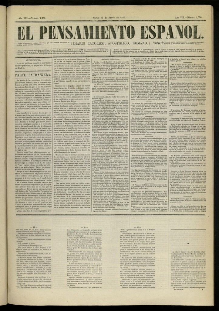 Miniatura de El Pensamiento Español del 13 de agosto de 1867, nº 2336