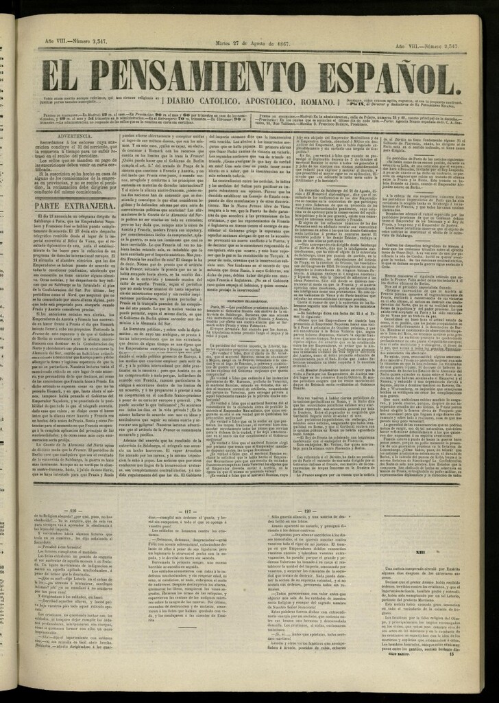 Miniatura de El Pensamiento Español del 27 de agosto de 1867, nº 2347