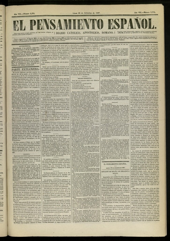 Miniatura de El Pensamiento Español del 23 de septiembre de 1867, nº 2370