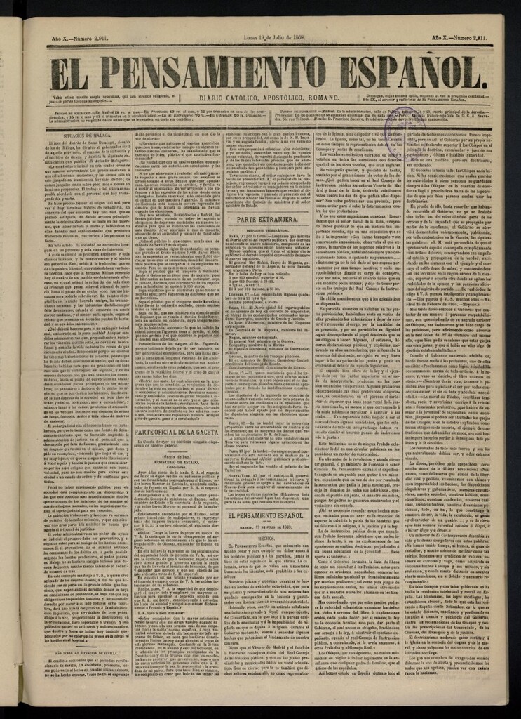 Miniatura de El Pensamiento Español del 19 de julio de 1869, nº 2911