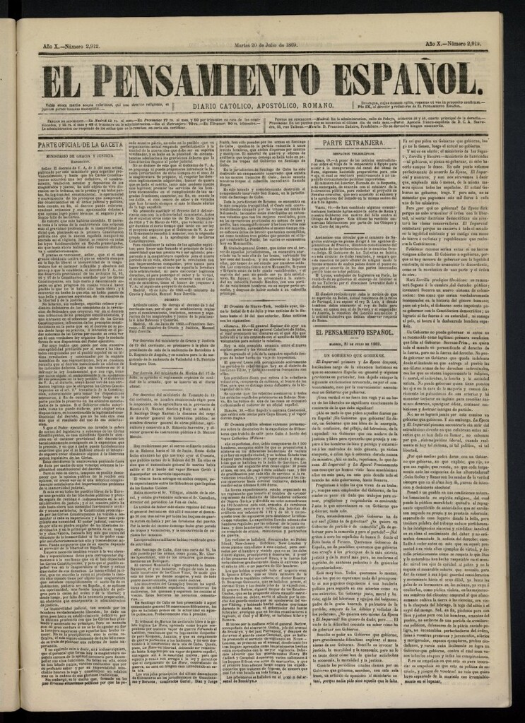 Miniatura de El Pensamiento Español del 20 de julio de 1869, nº 2912