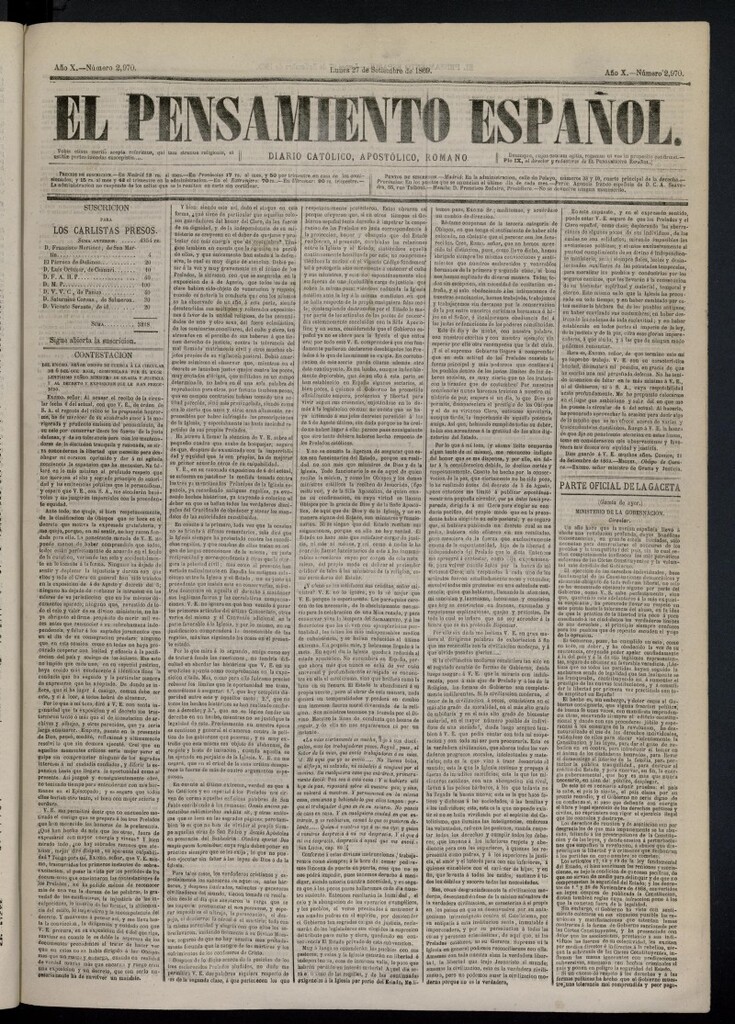 Miniatura de El Pensamiento Español del 27 de septiembre de 1869, nº 2970