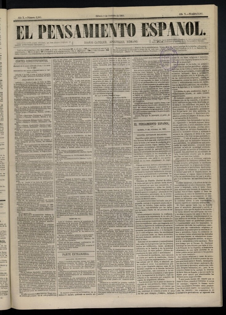 Miniatura de El Pensamiento Español del 9 de octubre de 1869, nº 2981
