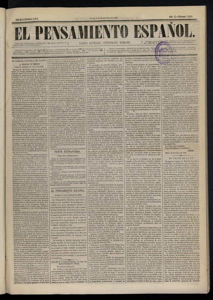 Miniatura de El Pensamiento Español del 4 de noviembre de 1869, nº 3003