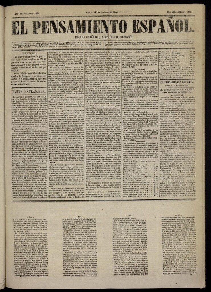 Miniatura de El Pensamiento Español del 13 de febrero de 1866, nº 1881